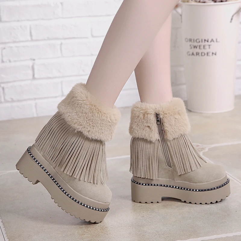 Winter Women Ankle Boots 2020 New Female Tassel Cotton Shoes Wedge Heels High Platform Sneakers Warm Rabbit Fur Snow Short | Обувь