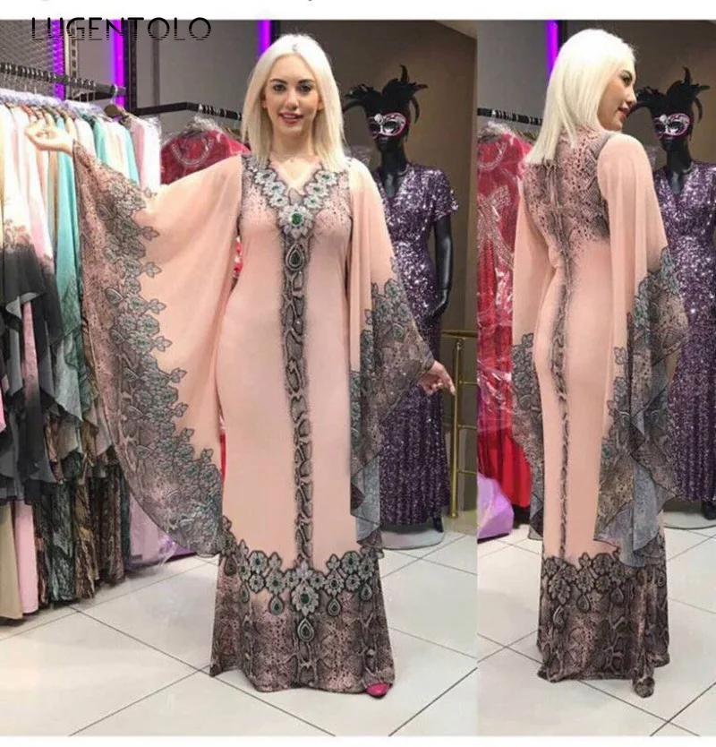 

Женское платье с принтом Lugentolo, облегающее платье в стиле ретро с V-образным вырезом и длинными расклешенными рукавами, летние офисные женск...