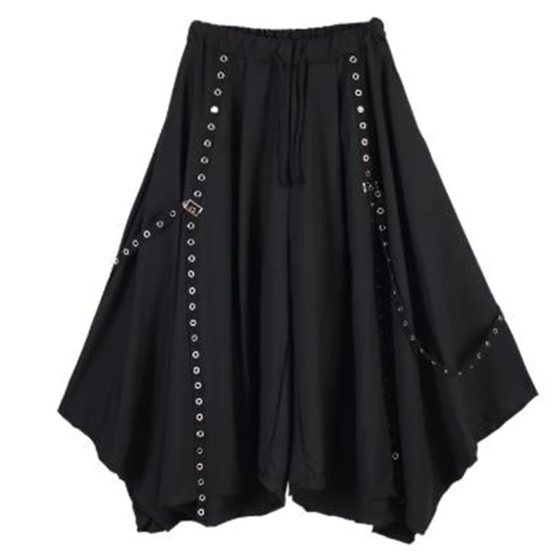 

Men Ribbon Dark Black Wide Leg Pants Male Women Japan Punk Gothic Harem Trousers Kimono Skirt Pants