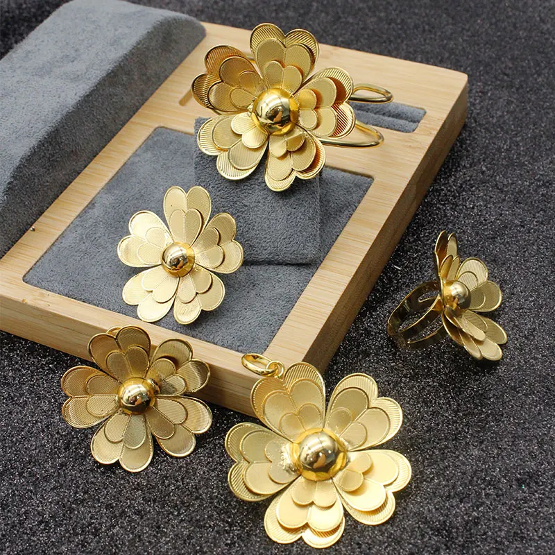 

Gold Floral Jewelry Set Women's Classic Floral Earrings Pendant Necklace Bracelet Ring 24k Gold Plated Bridal Jewelry