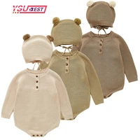 2021 autumn new toddler baby boys girls knitted bodysuit infant jumpsuit knitwear outfits newborn baby sweater and baby knit hat