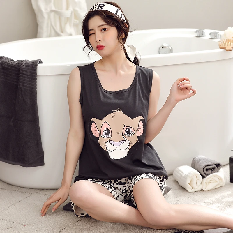 

Summer Cotton Pajamas Women's Sleeveless Top and Shorts Lion King Simba Leopard Kawaii Cartoon Loose Home Suit Pajama Sets Women