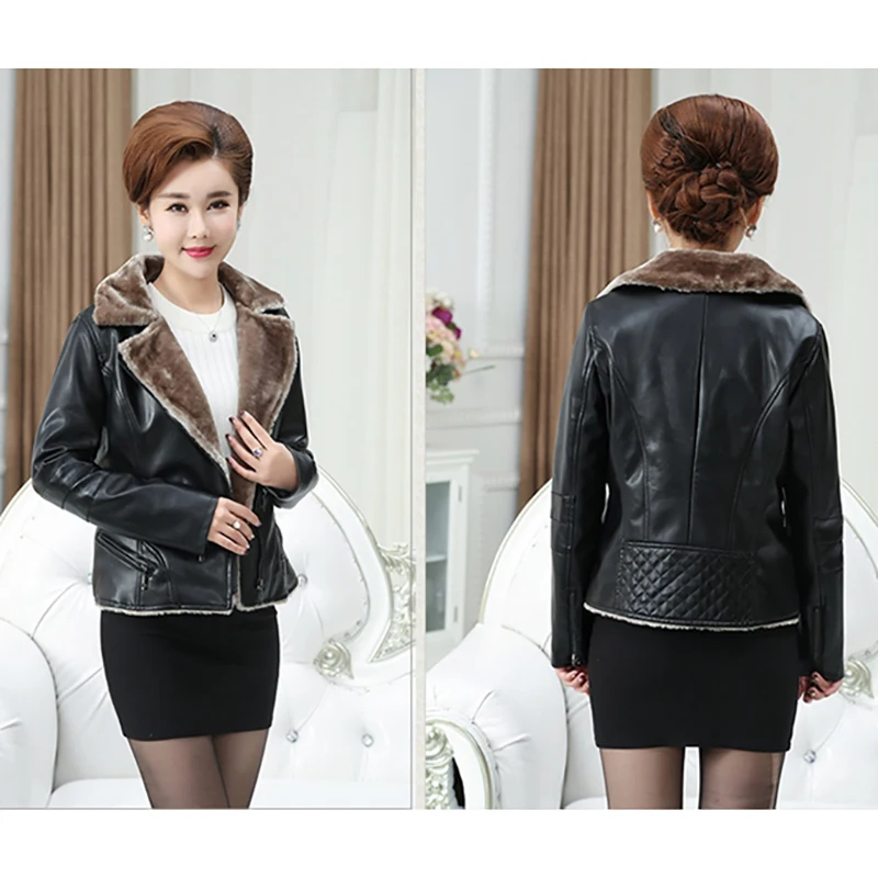 

Women Short PU Faux Leather Jackets With Velvet Winter Long Sleeve Coats L1011197