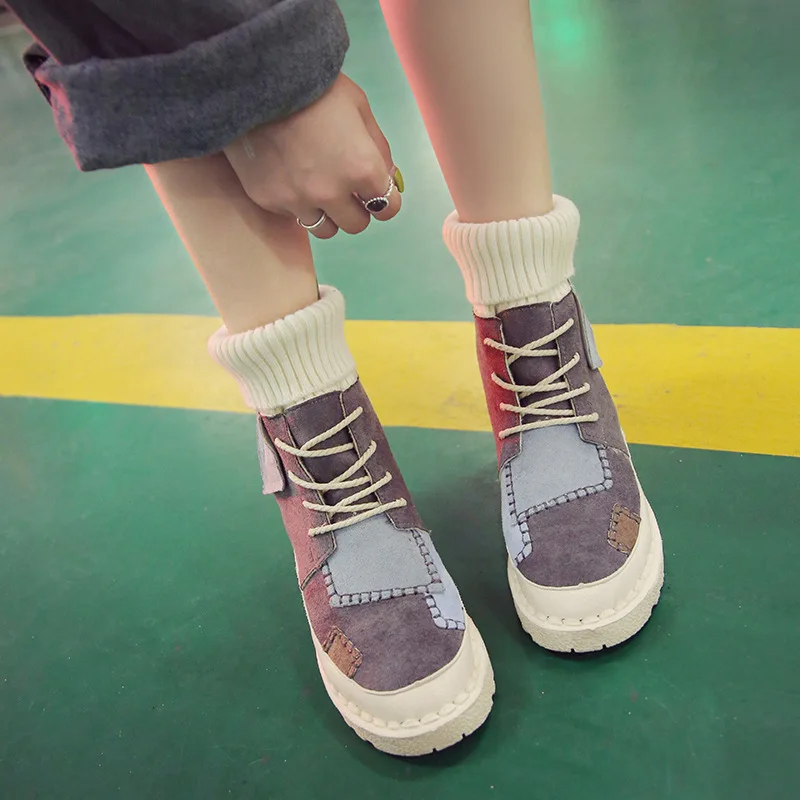 Зимние Роскошные Дизайнерские винтажные короткие ботинки с заплатками женские