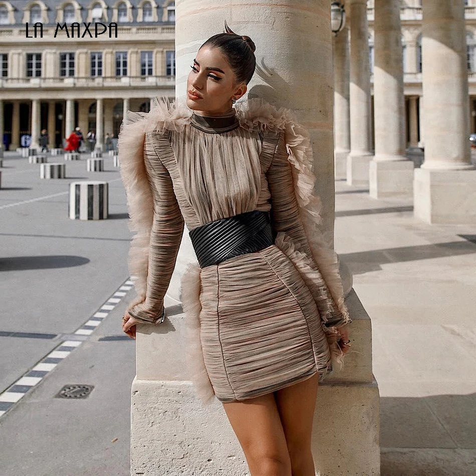 Плиссированное мини платье с поясом сексуальное женское 2018 зимнее Сетчатое