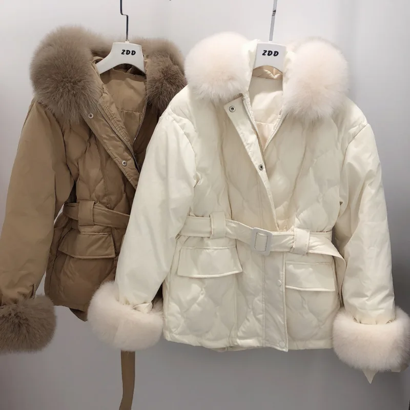 

2020 New Woman Winter White Duck Down Coat Nature Large Real Fox Fur Hooded Thick Loose Outwear Female Puffer Jacket Snowwear