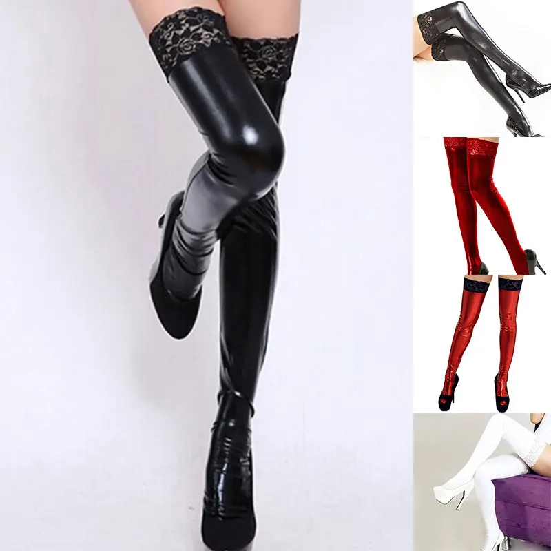 

Sexy Women Latex Tights Pantyhose Leather Thigh High Lace Ruffled Stockings For Party Club Wear Hot Lingerie