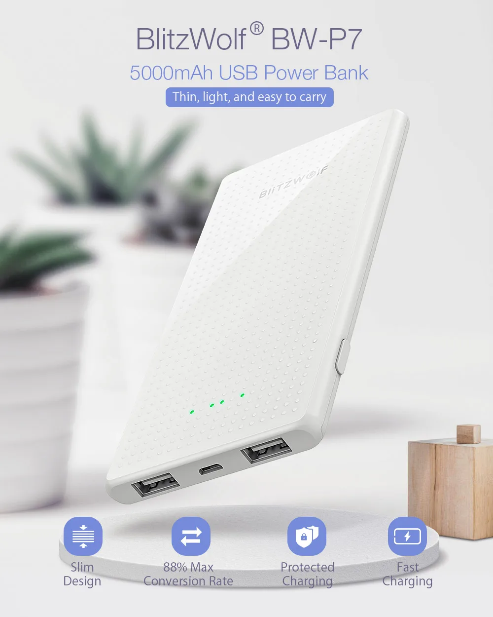 BlitzWolf BW-P7 5000mAh тонкий дизайн USB банк питания для iPhone 11 Pro X XS Max 8 Plus для samsung S9/S9+ S8 Note 9-белый