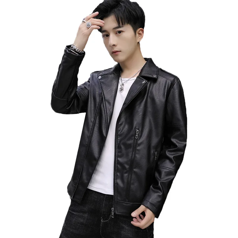 

Lapel leather men's new Korean version of the trend of self-cultivation young fashion handsome men's leather jacket jacket