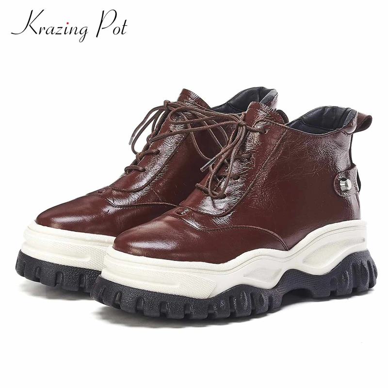 Krazing Pot genuine leather round toe platform casual lace up fashion British school thick high bottom vulcanized shoes L92
