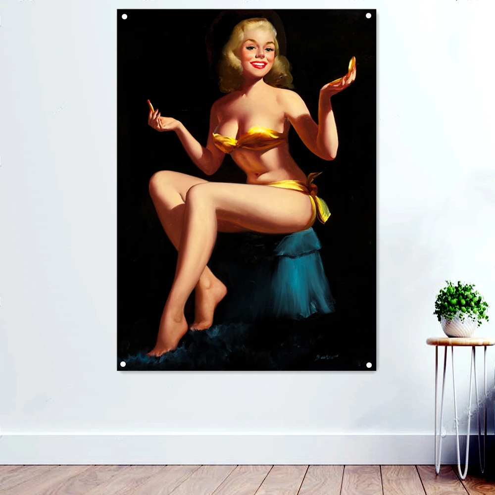 

A Pin-Up Pose Poster Wall Decor Banner Flags Vintage Sexy Pinup Girl Wall Background Hanging Painting Tapestry Indoor Decor D4