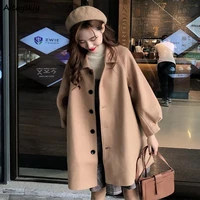 long blends women khaki fall retro single breasted pure wide waisted lantern sleeve lady coats casual clothing all match ulzzang