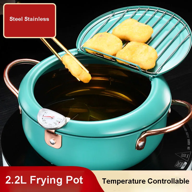 

Kitchen Deep Frying Pot Electric Japanese style Temperature Control Thermometer Tempura Lid Stainless Steel Tools Cooking Fryer