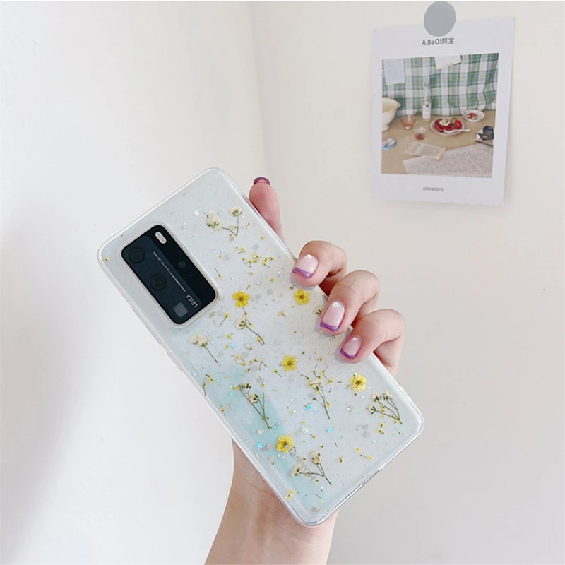 Прозрачный чехол с блестками Real Dry Flower для Samsung Galaxy S20 Ultra S10 Plus A10 A20 A30 A50 A70 A51 A71