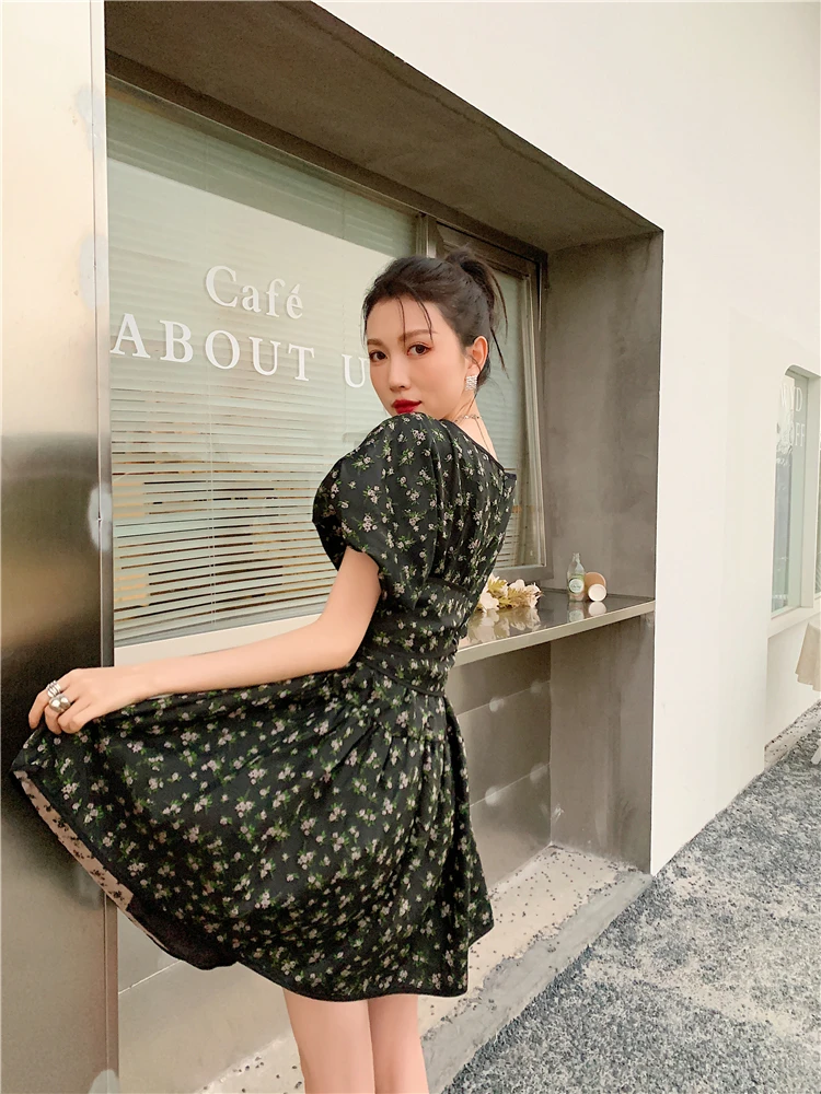 

Summer French Sweet Women Black Floral Dress Vintage Lantern Sleeve High Waist Loose Fashion Cute Sexy A-Line Mini Dresses 2021