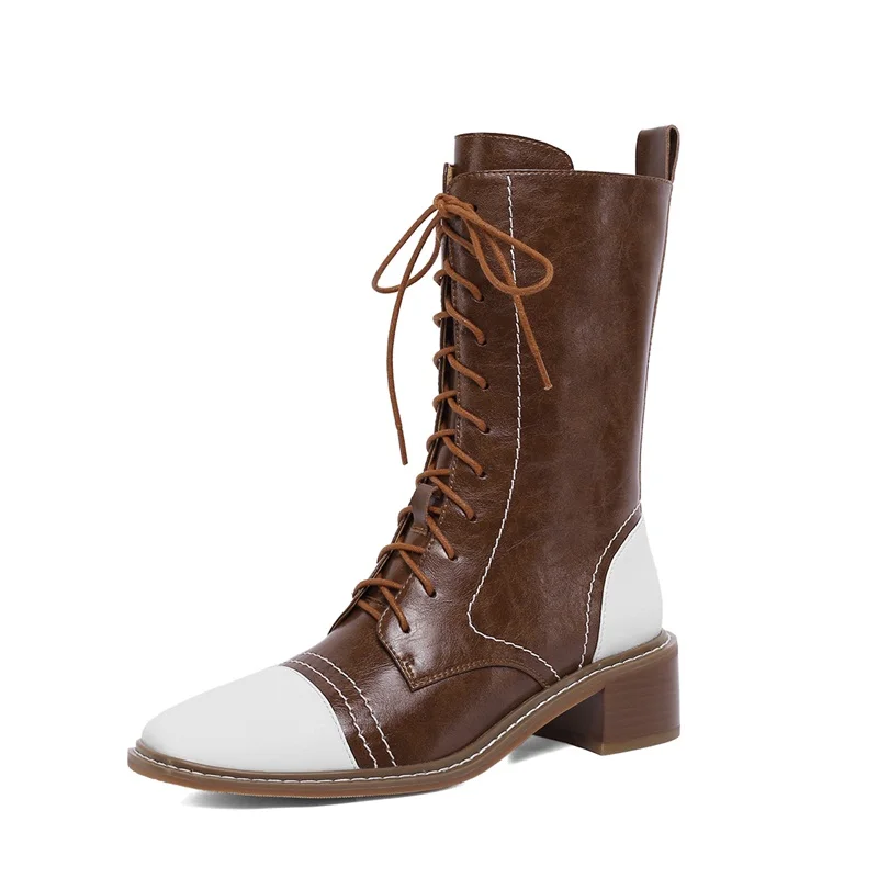 

New Brand Women's Autumn Winter Ankle Boots Genuine Leather Thick Square Heels Casual Shoes Woman Motorcycle Boots Big Size 42