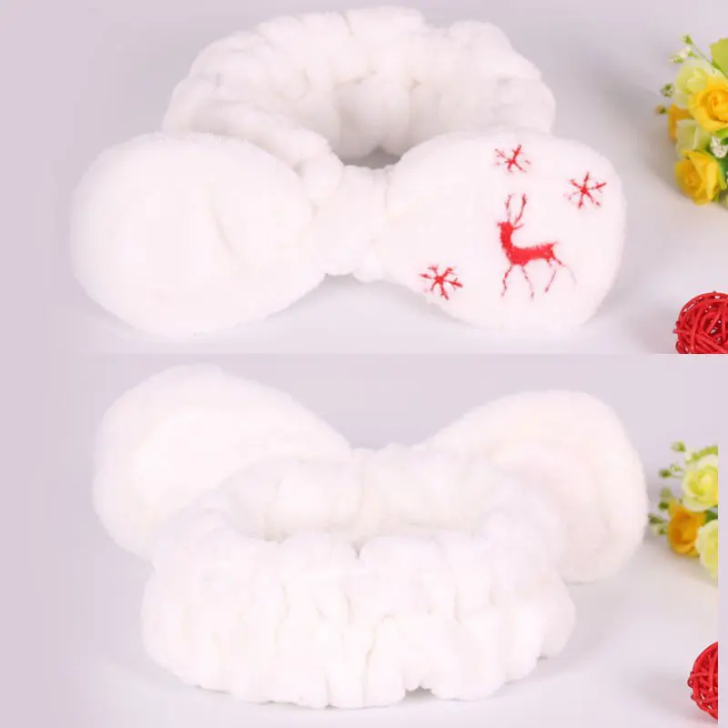 

Christmas Fawn Print Hairbands Women Winter Coral Fleece Headband Elastic Hair Bands Big Bow Wash Face Hair Accessories Headwear