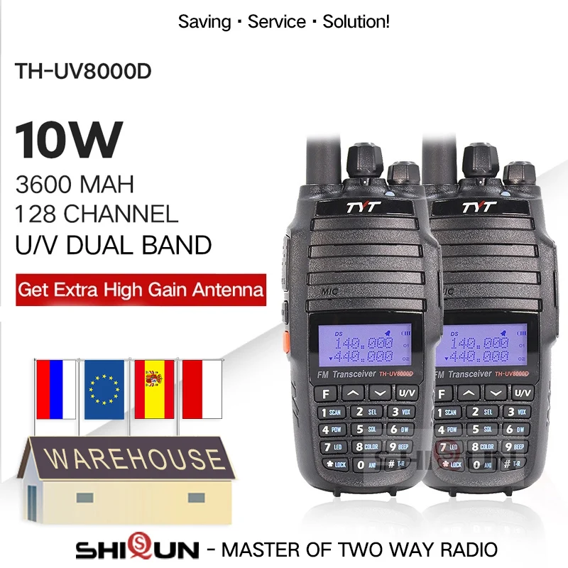 2PCS TYT TH-UV8000D Walkie Talkie 10 KM Dual Band VHF UHF 10W Radio 10 km 3600mAh Cross-band Repeater Function TH UV800D 8000E