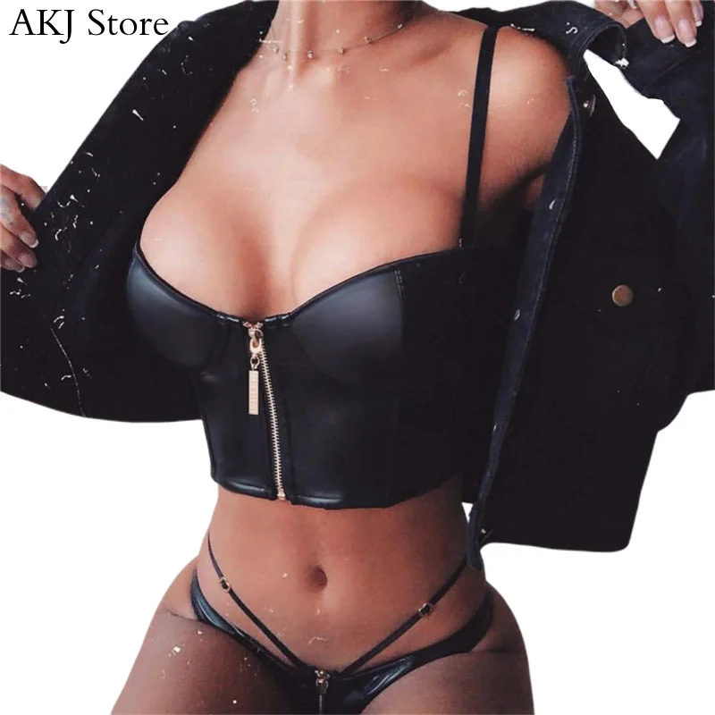 

Women Solid Pu Punk Tank Top Casual Sleeveless Vest Tops Solid Zipper Design PU Crop Tank