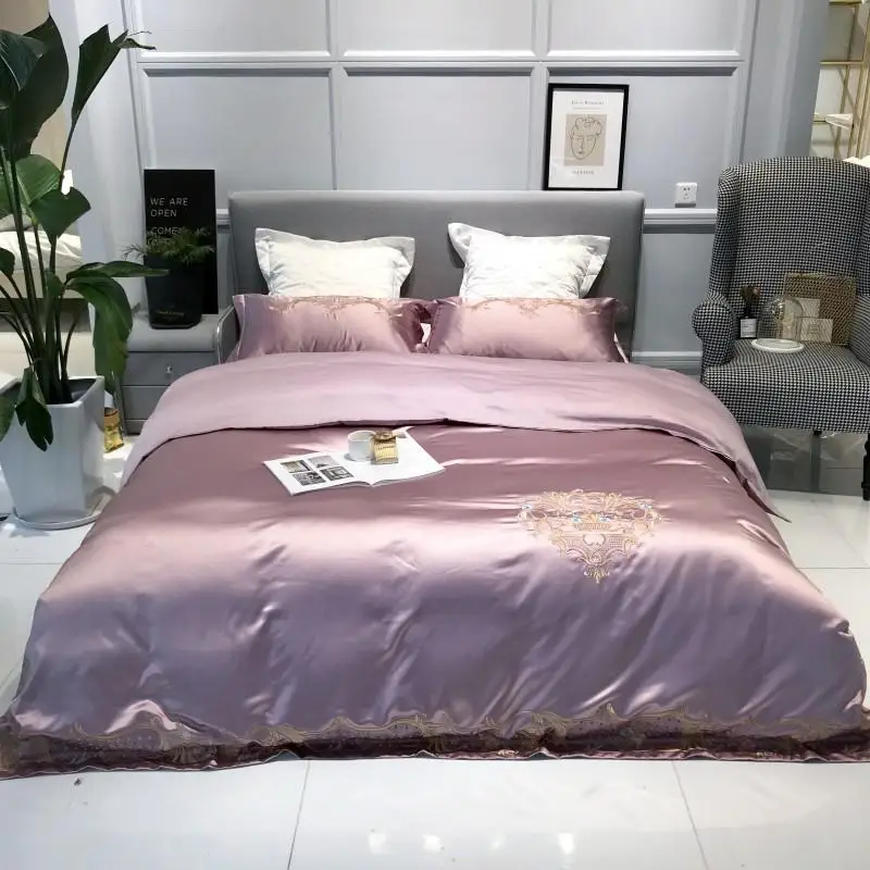 

New Luxury Silk Satin Duvet Quilt Cover Purple Coffee 4/7Pcs Chic Embroidery Bedding set Queen King Ultra Soft Cotton Bed sheet