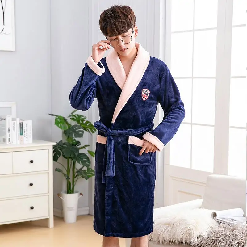 Couple Lounge Kimono Gown Coral Fleece Warm Robe Bathrobe Winter Casual Home Clothing Women Soft Flannel Nightgown Sleepwear - Цвет: Men C