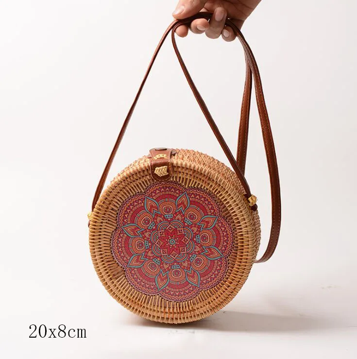 flower H 20X8cm Солнечный пляж, ручные тканые сумки, круглая сумка с пряжкой, Ротанговые соломенные сумки, ранец, богемная пляжная круглая сумка - Цвет: flower H 20X8cm