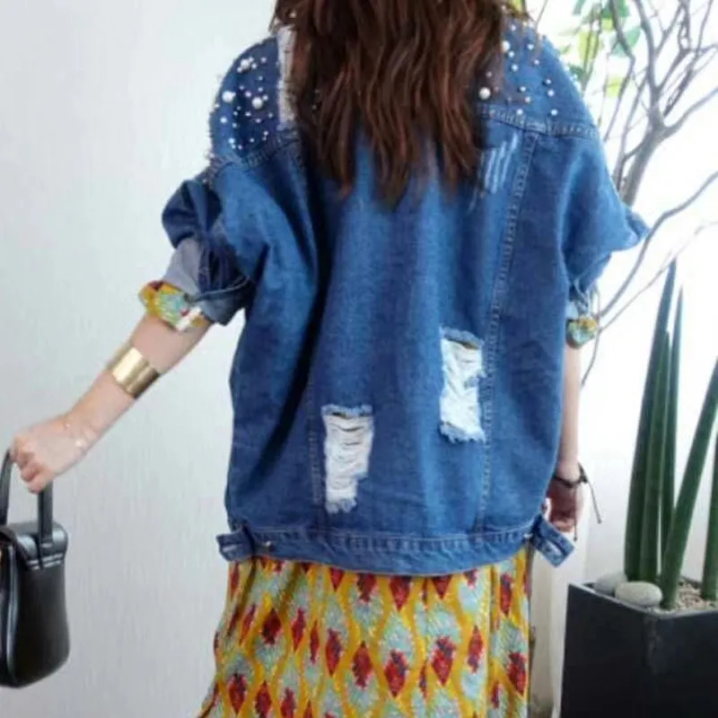 Хорошая Весенняя элегантная женская рваная джинсовая куртка с дырками