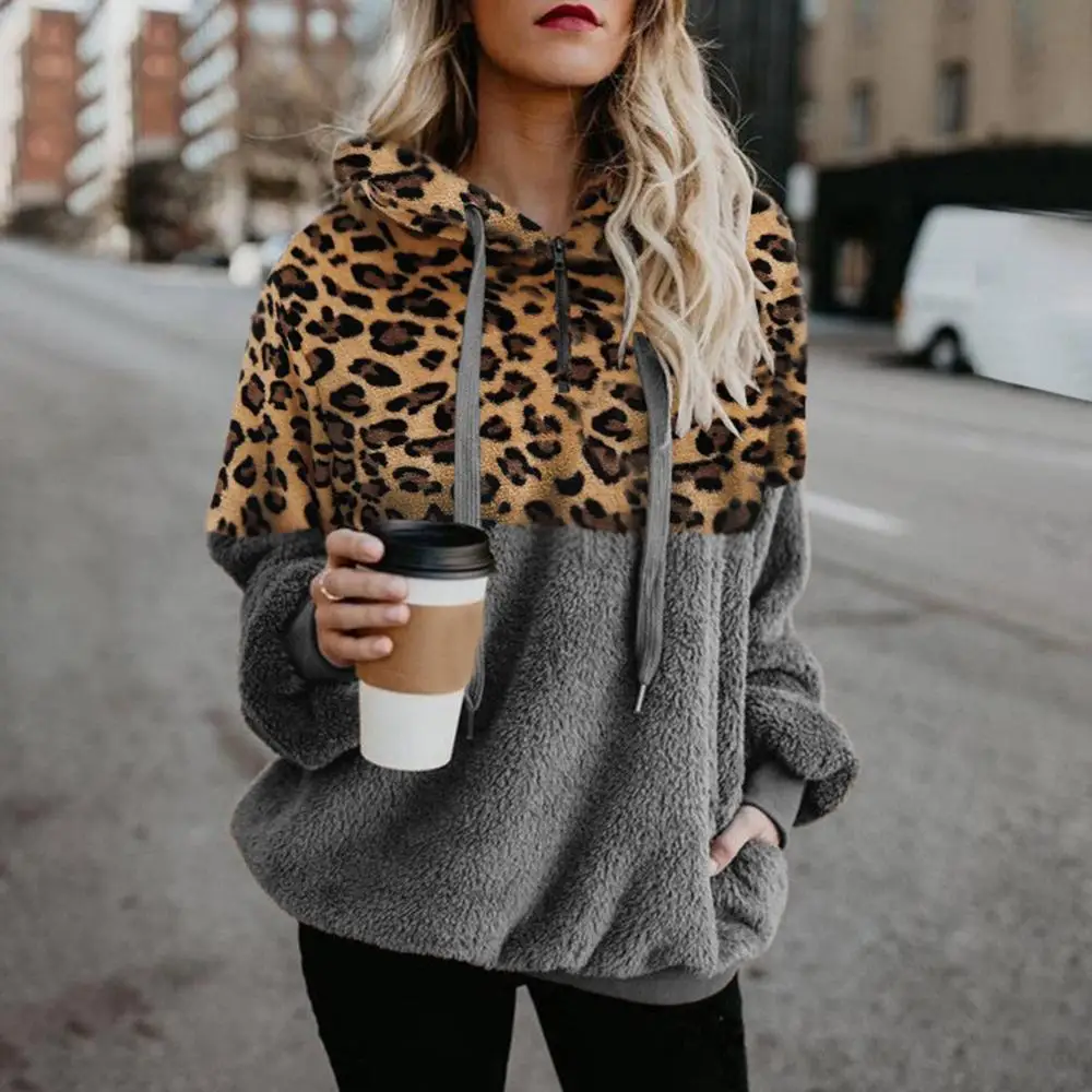 2019 Leopard Sherpa Fleece Sweater Sexy Christmas Party Hooded Fluffy Pullover Female Winter Fall Streetwear Teddy Sweaters | Женская