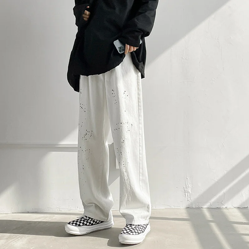

FAKUNTN men's summer White jeans for men Vintage pants niche splash design oldschool pants hip hop streetwear denim