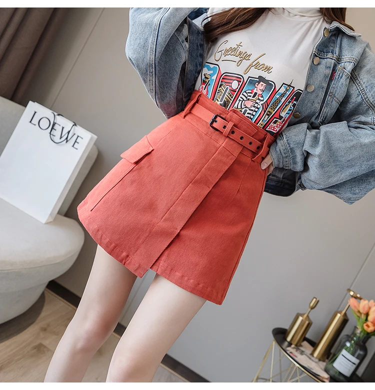 Trytree Autumn Women Casual Empire Short Skirt 5 Colour A-line Fashion Elegant Pockets Button Belt Mini Office Lady Short Skirt