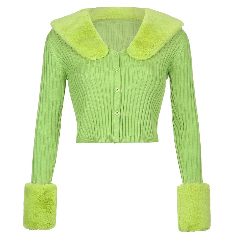 

E Girl Ribbed Knitted Ladies Cardigans Sweaters With Fur Trim Collar Long Sleeve Slim Y2K Aesthetics Jumpers Women Knitwear