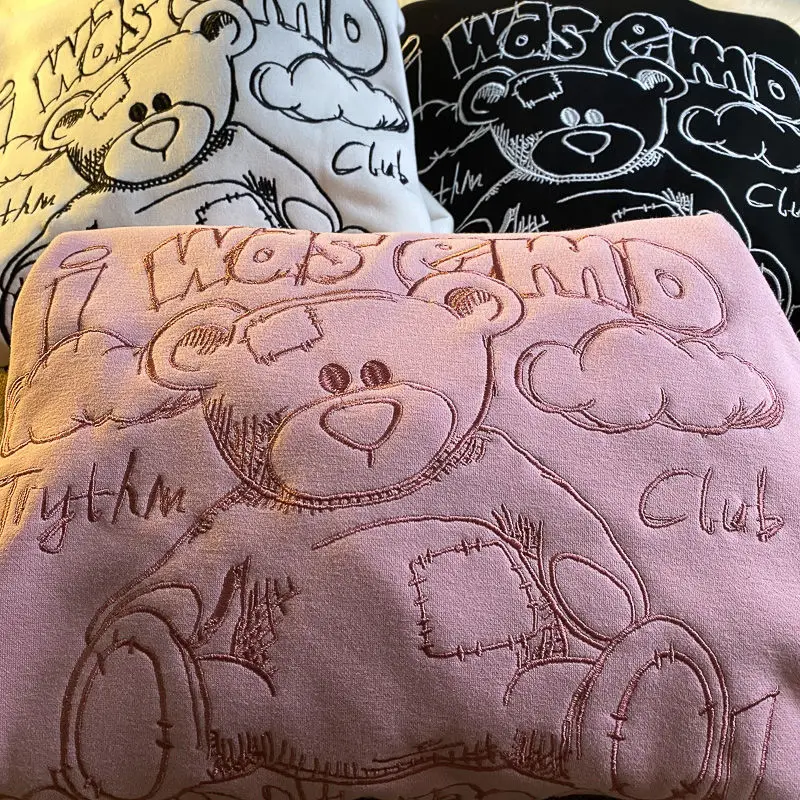 

Bear embroidery pink cute hooded sweater coat for women in winter Plush loose