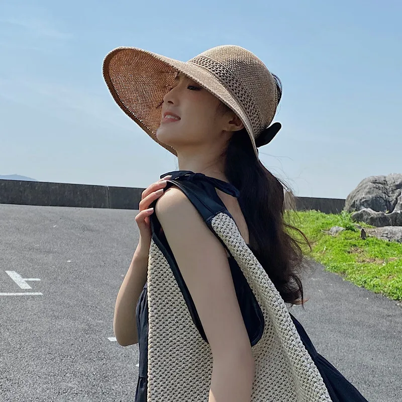 

Women Sun Hat Fashion Bow Hollow Top Visors Hat Outdoor Panama Travel Big Eaves Sunshade Cap New Knitted Breathable Summer Hat