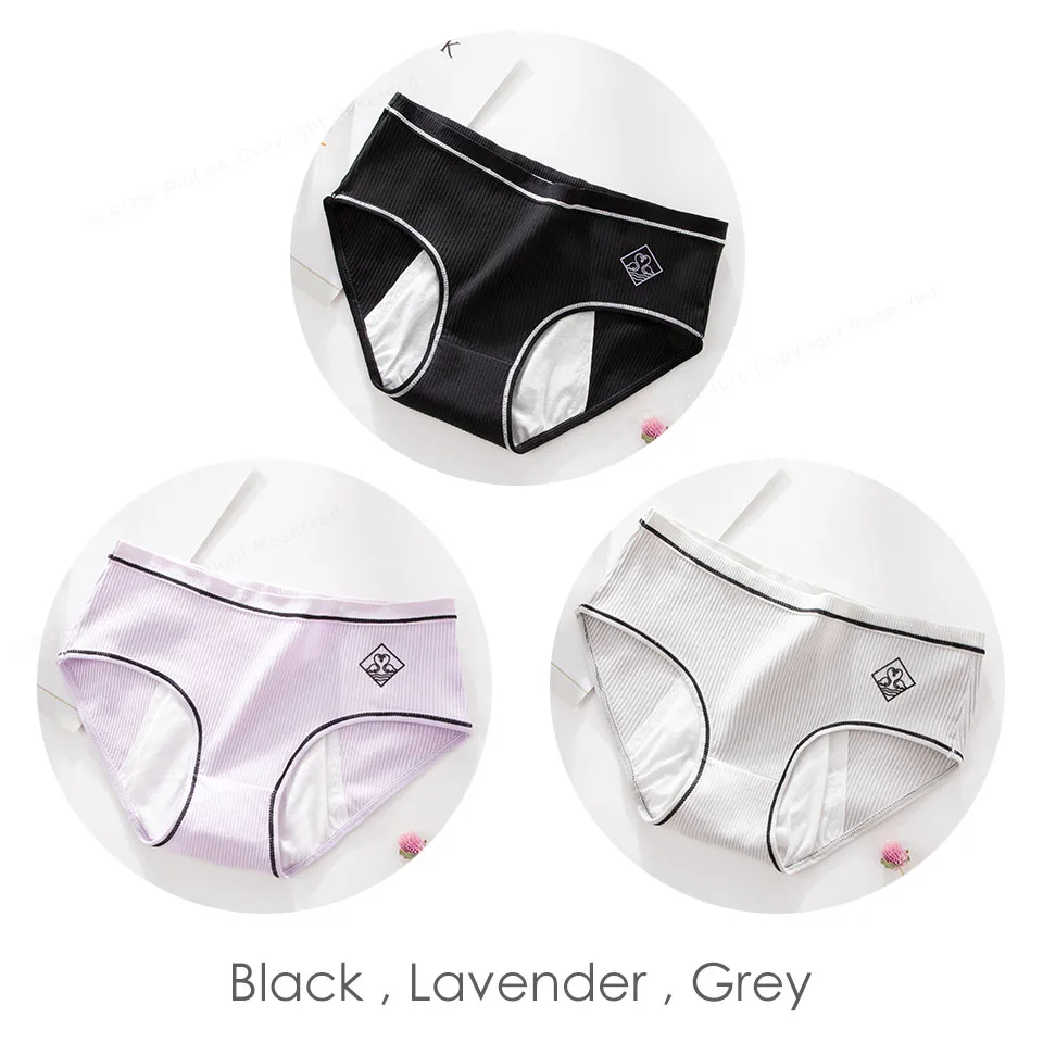 Black Lavender Grey 3 шт., женские менструальные трусики, герметичное физиологичное нижнее белье, ребристые трусики, хлопковые однотонные непромокаемые трусы для девочек ROSI - Цвет: Black Lavender Grey