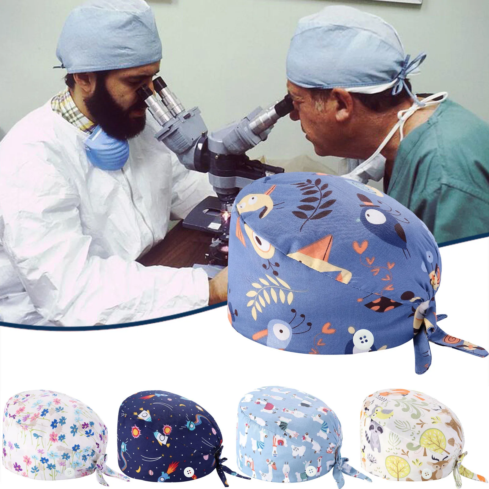 

Carton Print Scrub Cap Working Hat Women Men 100% Cotton Tieback Inner Forehead Towel Plastic Beautician Chef Cooking Caps A50