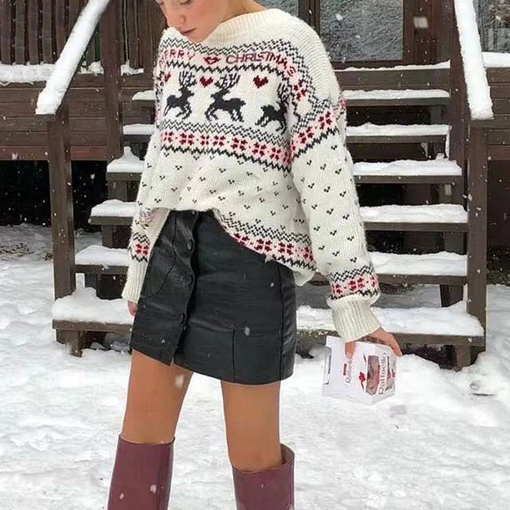 Женский свитер с длинным рукавом пуловер из акрилового волокна принтом оленя