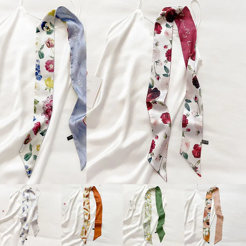 

Female Narrow Headbands Wrist Towel Floral Print Double Sides Silk Scarf Thin Long Ribbon Hair Band Elegant Hair Ties Streamers