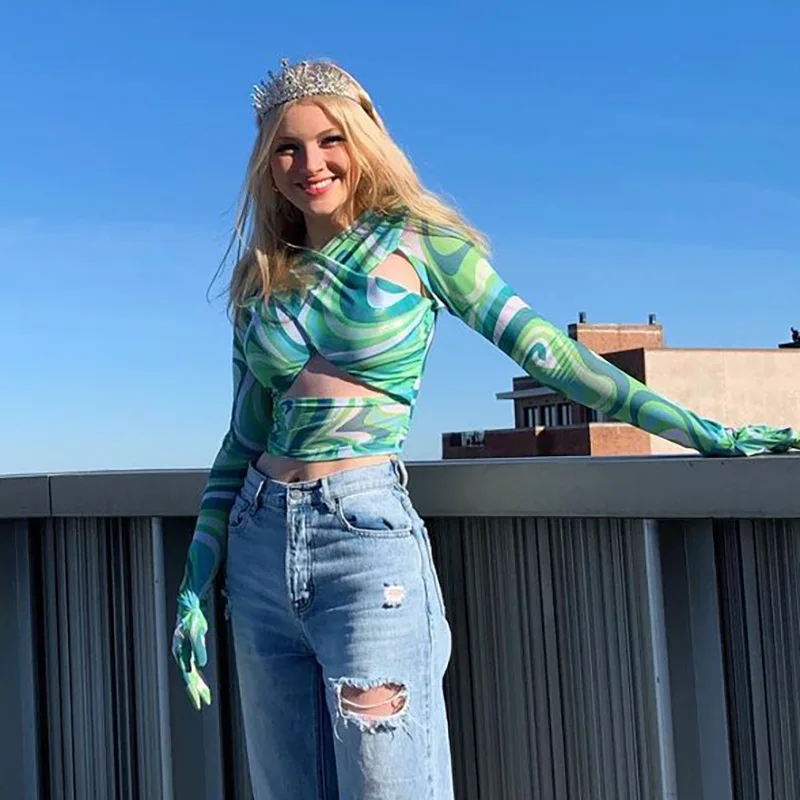 

Long Sleeve Crop Top Women Backless Tie Dye Print Bandage Sexy Party See Through Shirts Y2K Fashion Streetwear Outfits