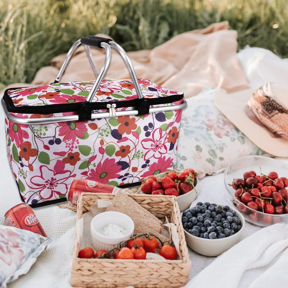 

1pc Large Capacity Lunch Basket Collapsible Insulated Picnic Bag Folding Basket