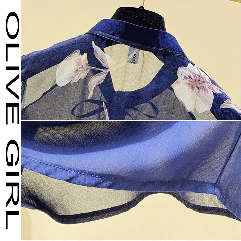 

2021 Ruffled Chiffon Shirt Women's Short-sleeved Summer Top Korean Style Fashion Design Sense Strap Elegant Blue Casual Shirt