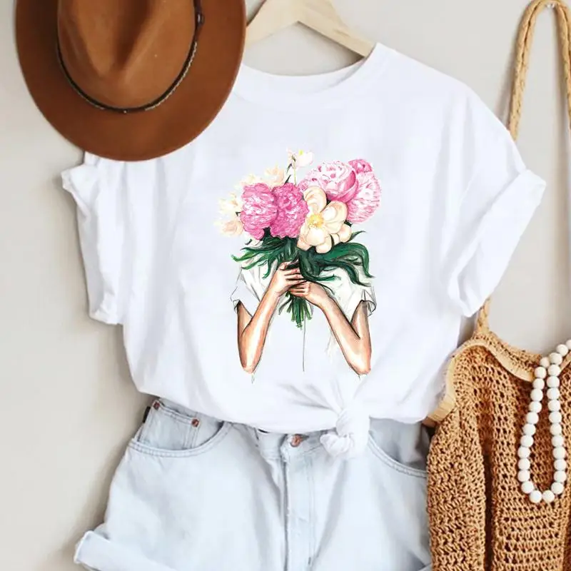 

T-shirts Cartoon Printing Flower Trend Style Clothes Women Casual Fashion Graphic Short Sleeve Tshirt Top Lady Female Tee