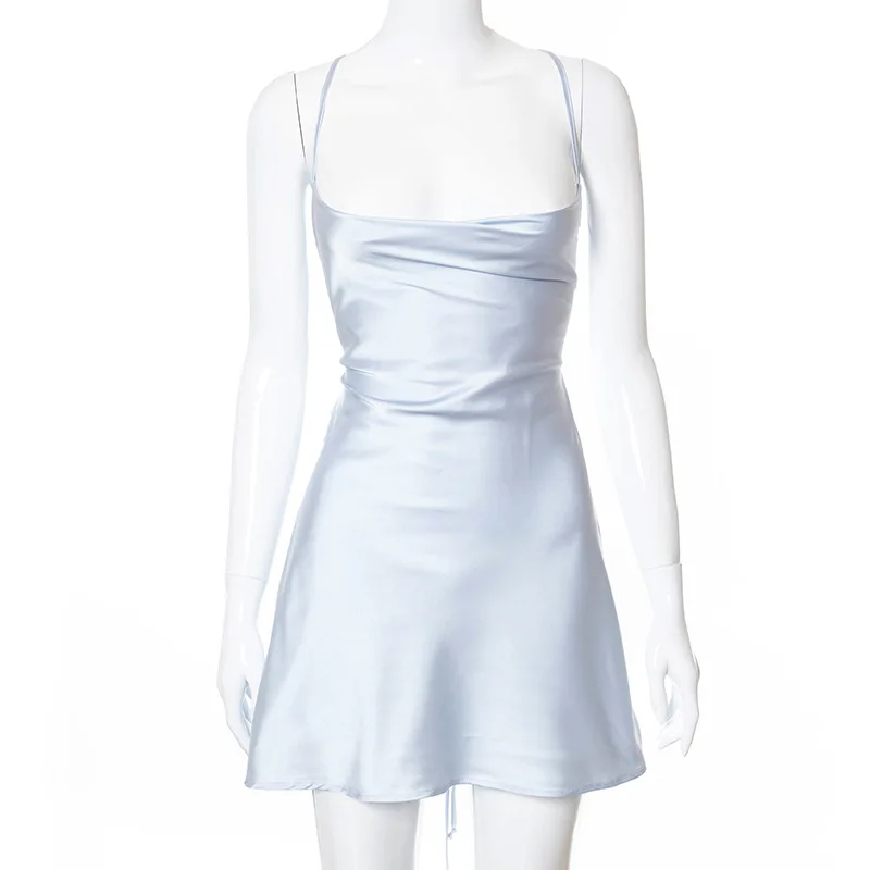 

Summer Women Sexy Sling V-Neck Halter Dress 2021 Pure Color Sexy Strap Low-cut High-waist Backless Beach Mini Dresses Vestidos