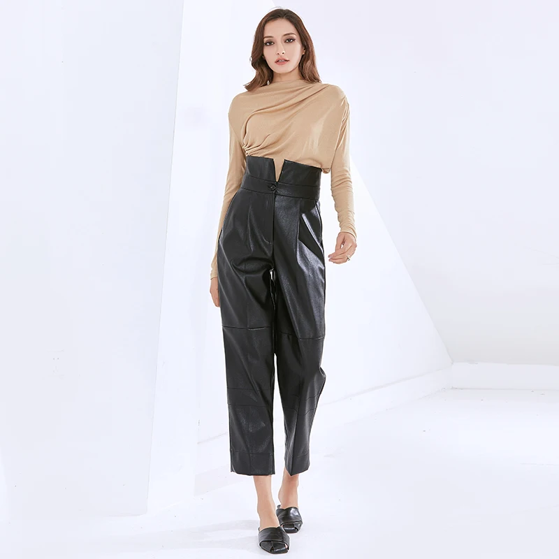 

TWOTWINSTYLE PU Leather Pants For Women High Waist Black Solid Minimalist Harem Trousers Female 2020 Autumn Fashion Clothing
