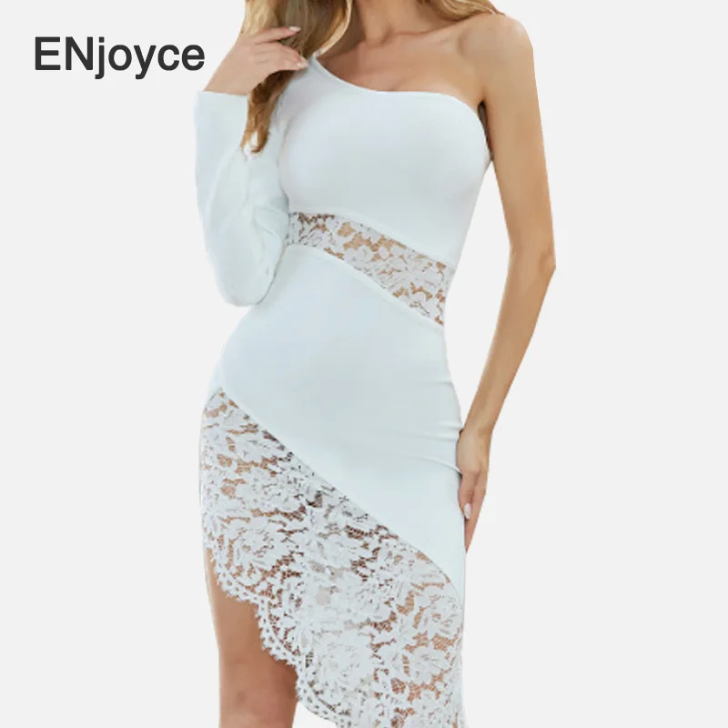 

New Design Women Dress White Bodycon Bandage Sexy Lace Match One Shoulder Long Sleeve Backless Celebrity Evening Party Dresses