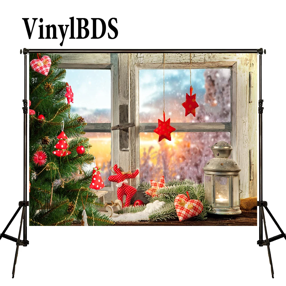 

VinylBDS Backgrounds Photography Christmas Red Star Heart Backgrounds Photography Wood Windows Pinus Backdrop For Photo Studio
