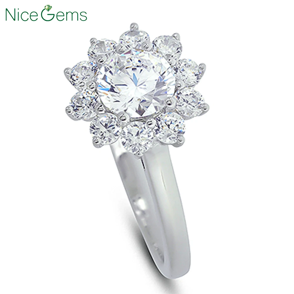 NiceGems 14K белое золото &quotЖасмин&quot кластер муассанит обручальное кольцо Круглый