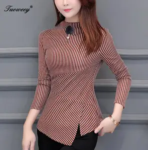 Женская рубашка в полоску, с воротником-стойкой, длинным рукавом, асимметричная, на пуговицах, приталенная, осень 2021, 4XL