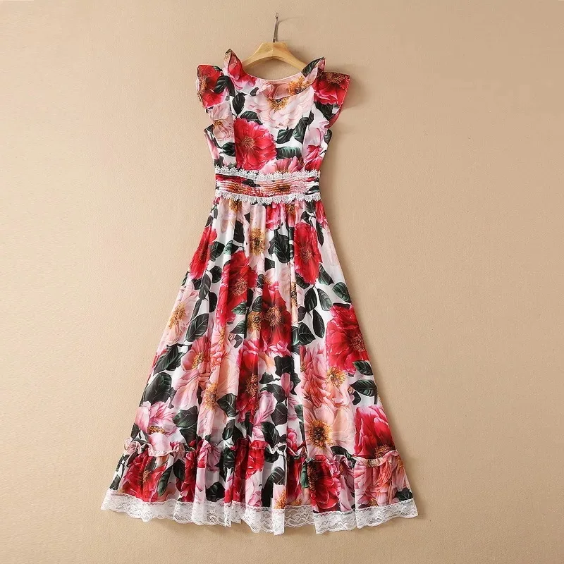 

Runway Fashion Dress Women High Street Sexy V-Neck Floral Printed Elegant Designer Brand Midi Dresses Plus Size Women Clothing
