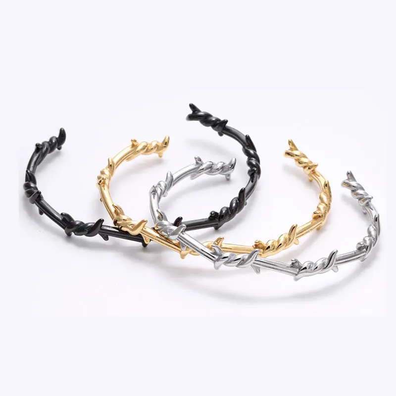 

Stainless steel thorn wire open women bangle for men