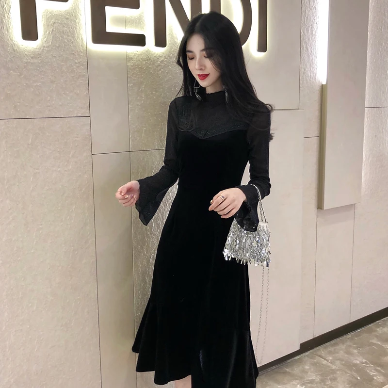 Женские платья весенне-осеннее бархатное платье большого размера с кружевной